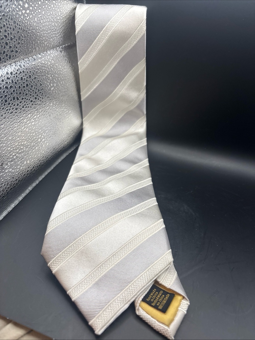 Men's Satin Diagonal Stripe Tie in Silver